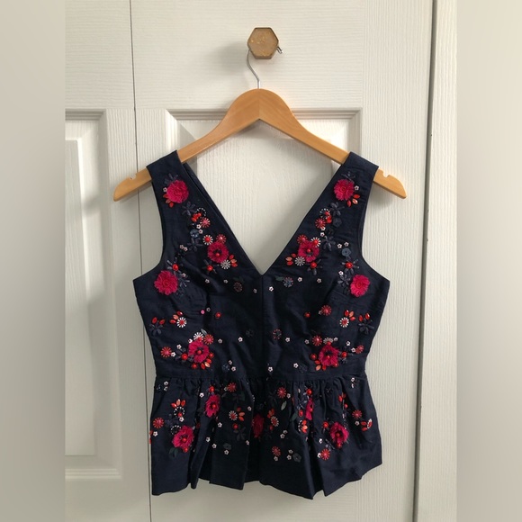 J. Crew Tops - J. Crew Hand-Embellished Peplum Top in Navy Cotton Linen